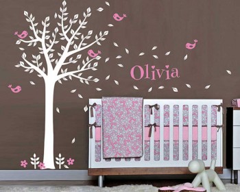 Tree Wall Decal with Birds Leaves & Customized Name Tree Wall Decal with Birds Leaves & Customized Name
