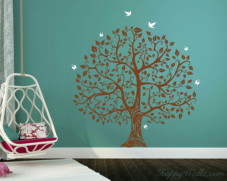 Large Tree with Birds and Butterflies Wall Decal Vinyl Tree Art Stickers
