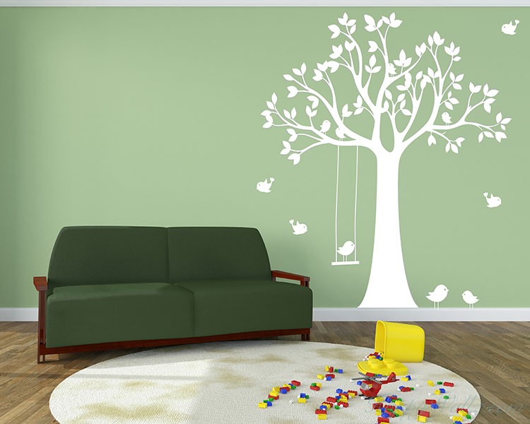 Large Tree Wall Decal with Swinging Birds Vinyl Tree Art Stickers