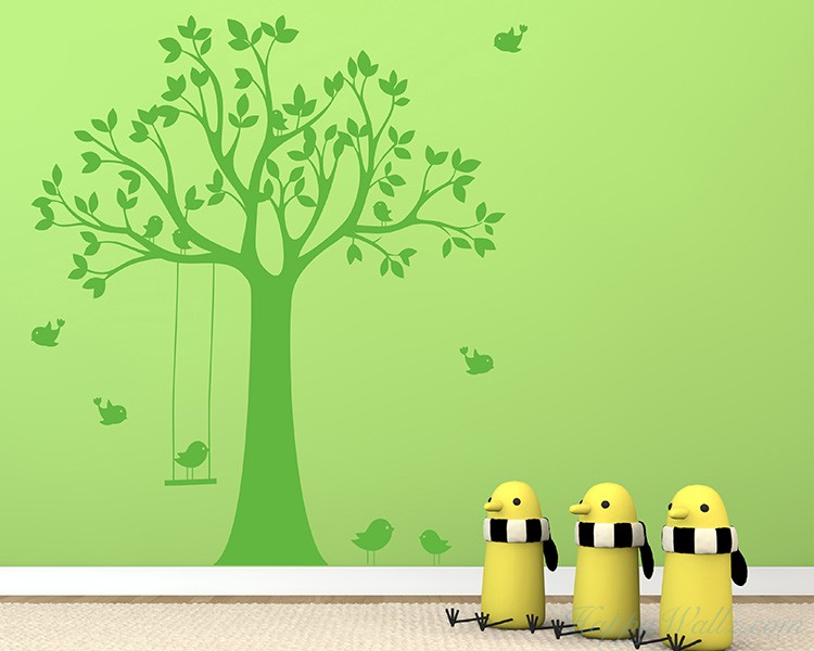 Large Tree Wall Decal with Swinging Birds Vinyl Tree Art Stickers