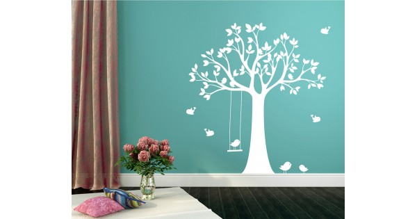 Large Tree Wall Decal with Swinging Birds Vinyl Tree Art Stickers