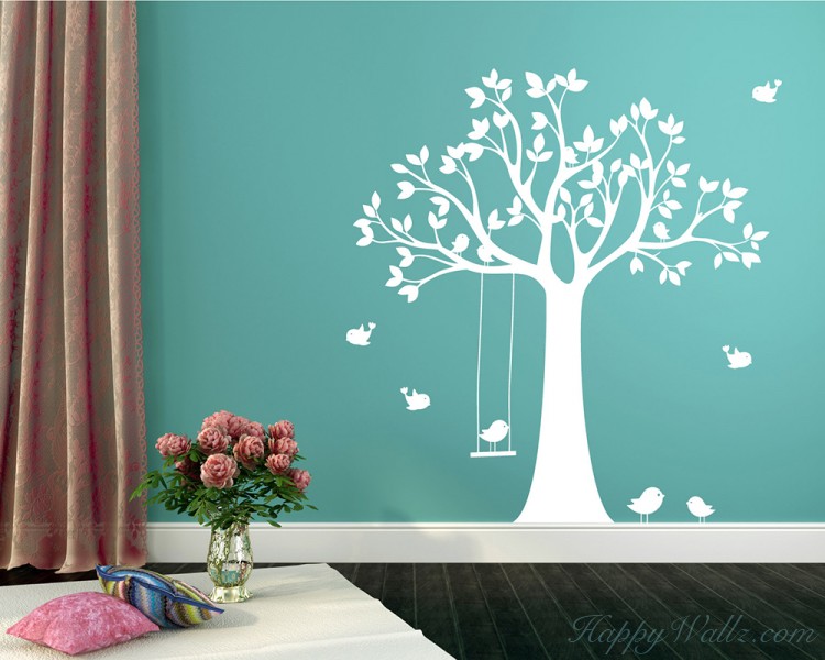 Large Tree Wall Decal with Swinging Birds Vinyl Tree Art Stickers